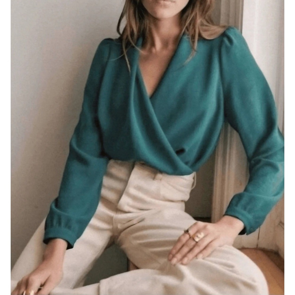 Sezane Chlo Shirt Emerald Green Wrap Blouse Crepe Long Sleeve Top Size 40 US 8